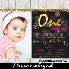 Stunning Winter Onederland invitations that reads “One Little Candle, One Little Cake, One Big Day  to Celebrate”  featuring your little girl’s picture against a black backdrop with bokeh lights, pink snowflakes and a touch of gold glitter. #cupcakemakeover Christening Themes, Winter Onederland First Birthday, Snowflake Pictures, Sleepover Invitations, Little Candle, 1st Birthday Signs, First Birthday Posters