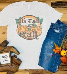 "Bella Canvas - OATMEAL - unisex tee with Fall inspired retro design \"It's Fall Y'all\" - made with sublimation." Relaxed Fit T-shirt With Front Print For Fall, Tri-blend Graphic Tee For Fall, White Screen Print T-shirt For Fall, Graphic Tee With Sublimation Print For Fall, Fun Fall T-shirt With Screen Print, Fun Fall Screen Print T-shirt, Fun Screen Print T-shirt For Fall, White Graphic Print T-shirt For Fall, Fall Sublimation Print Relaxed T-shirt