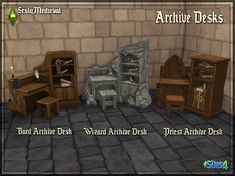 an animated set of furniture and desks in a medieval castle like setting with stone walls