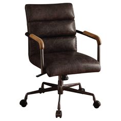 a brown leather office chair with wooden arms