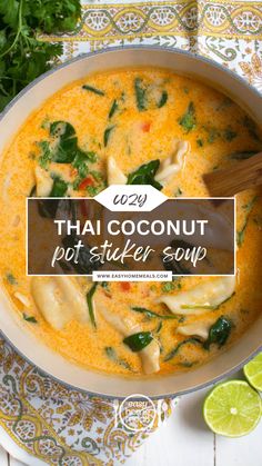 thai coconut pot sticker soup in a bowl with limes and cilantro