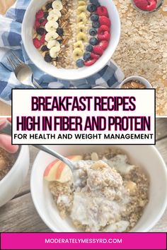 breakfast recipes high in fiber and protein for health and weight management with text overlay