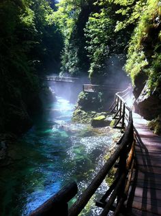 a wooden bridge over a river surrounded by lush green trees and water flowing down it's sides