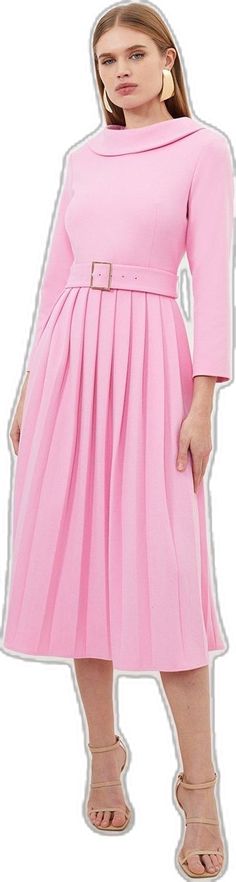 Pink A-line Midi Dress With Pleated Waist, Pink A-line Pleated Party Dress, Pink V-neck Pleated Dress For Party, Pink Formal Dress With Pleated Waist, Elegant Pink Midi Dress With Pleated Waist, Pleated Dress For Party, Pink Pleated Dress For Spring, Feminine A-line Pleated Dress, Pink Pleated Dress For Work