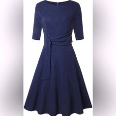 - Knee Length Dress In The Color Navy Blue. - 3/4 Sleeve. - Collard Neck. - Zipper In Back. - 100% Polyester. - New With Tags. Blue 3/4 Length Dress For Party, Blue Fitted Midi Dress With Half Sleeve, Blue 3/4 Length Dress For Work, Blue 3/4 Length Dresses For Work, Formal Blue Dress 3/4 Length, Ruffle Neck Dress, Flowy Summer Dresses, Satin Shirt Dress, Collared Shirt Dress