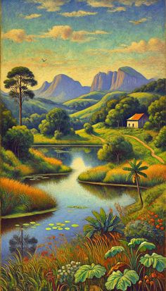 a painting of a river and mountains in the background