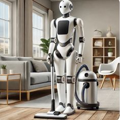 a robot standing next to a vacuum on top of a wooden floor in a living room