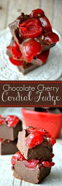 chocolate cherry cordial fudge is stacked on top of each other