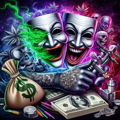 the joker and his money bag are depicted in this painting