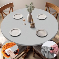 a table with plates and napkins on it is shown in an image that appears to have been altered