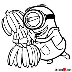 a black and white drawing of a minion holding bananas