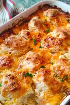 a casserole dish filled with meat and cheese