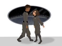 two people in space suits walking towards each other