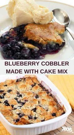 blueberry cobbler made with cake mix on a white plate and in a baking dish