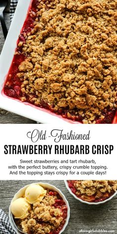 an old fashioned strawberry rhubarb crisp is served in two bowls