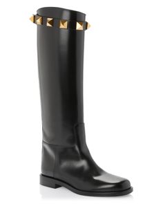 Valentino Garavani Women's Roman Stud Riding Boots Luxury Riding Boots With Leather Sole, Luxury Calf Leather Riding Boots, Tall Boot Outfits, Tall Boots Outfit, Boot Outfits, Luxury Designer Shoes, Black Riding Boots, Tall Boot, Boots Outfit