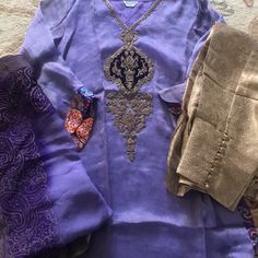 This Is Very Expensive Fabric And Work! Bronze Straight Pants With Button Detail At The Ankle. Long Sleeve Purple Shirt With Bronze/Gold Beadwork. Purple Ombr Duputta With Gold Accents. Brand New! Purple Shirt, Purple Ombre, Bronze Gold, Straight Pants, Button Detail, Purple Gold, Gold Accents, Bead Work, 3 Piece