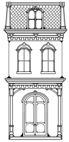 a drawing of a tall building with arched windows and arches on the top, in black and white