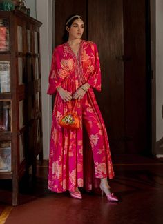 Paulmi & Harsh | Pink Flourishing Floral Kaftan With Pants | INDIASPOPUP.COM Kaftan With Pants, Pink Kaftan, Kaftan Set, Pencil Pant, Dress And Jacket Set, Embroidered Border, Party Wear Indian Dresses, Dress Indian Style, Indian Designer Outfits