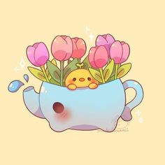 an animal with flowers in it's head sitting on top of a tea pot