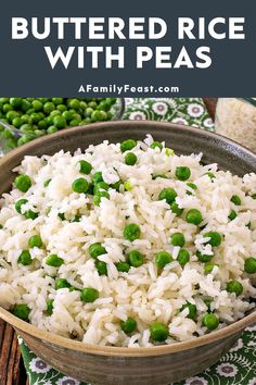 a bowl filled with rice and peas on top of a table