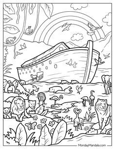 a coloring page with an image of a boat in the water and animals around it