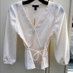 Nwt Aside Zip Belted Blouse Spring Season Formal Wrap Blouse, Spring Formal Wrap Blouse, White Fitted Wrap Blouse, Fitted White Wrap Blouse, Cream Wrap Top For Spring, White Wrap Blouse For Workwear, White Wrap Blouse For Work, Spring Cream Wrap Top, Spring Wrap Top For Work