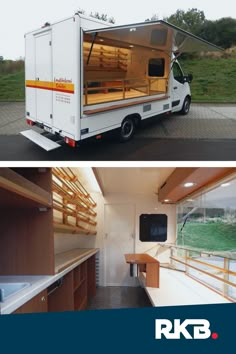 two pictures side by side, one showing the inside and outside of a food truck