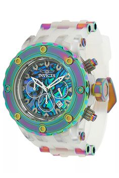 This incredible Invicta watch from the Subaqua collection offers a Quartz movement, and a sophisticated white, iridescent case. The face displays a blue, green, steel metal, abalone, oyster dial protected by our proprietary Mineral Crystal. The design is completed by a white, transparent, iridescent stainless steel, silicone band. This timepiece can resist water for up to 100m.Led with expert engineering, no feat or occasion will ever be too great for Invicta's Subaqua to handle. The sheer magni Invicta Watches, Silicon Bands, Men's Watches, 100m, Steel Metal, Minerals Crystals, Men's Watch, Popular Style, Quartz Movement