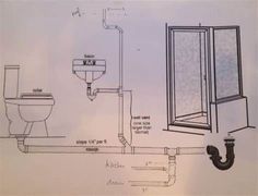 a drawing of a bathroom with toilet, shower, and sink in it's diagram