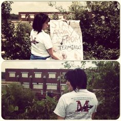 two pictures of people standing in front of a building with graffiti on the walls and trees