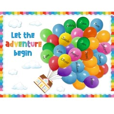 a birthday card with balloons and the words let the adventure begin written in different languages