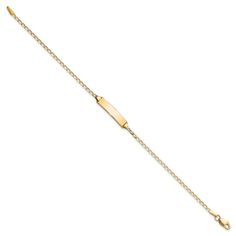 14k yellow gold flat curb link ID bracelet. Measures approximately 1/8 of an inch in width and has a lobster claw clasp. Gold-plated Curb Chain Bracelet, 14k Gold-tone Bracelet With Solid Link Construction, Tarnish-resistant Yellow Gold Link Diamond Bracelet, Hypoallergenic Yellow Gold-plated Chain Bracelet, 14k Gold Link Diamond Bracelet, Tarnish Resistant, Gold Gemstone Necklace, Gold Flats, Id Bracelets, Types Of Rings