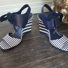 Brand New, Wrapped, In Box Elegant Blue Synthetic Wedge Sandals, Chic Blue Wedge Sandals For Beach, Leather Wedge Sandals, Pretty Shoes, Womens Shoes Wedges, Tory Burch Shoes, Wedge Sandals, Tory Burch, Blue White