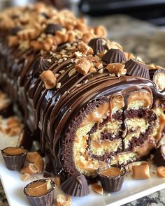 there is a chocolate roll with nuts on it