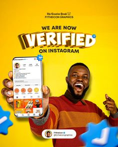 a man holding up a cell phone with the caption we are now verified on instagram