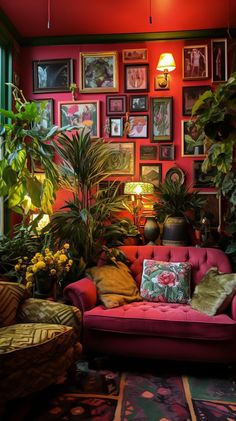 a living room filled with lots of plants and pictures on the wall