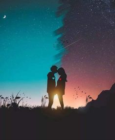 two people are standing under the stars and looking at the sky with their backs to each other