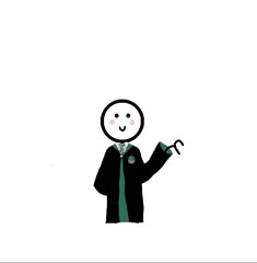 a drawing of a person in a black coat and green tie holding a pair of scissors