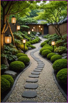 a garden with stepping stones and lights on the path leading to a house in the distance