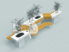 an artist's rendering of a bench with plants and potted plants on it