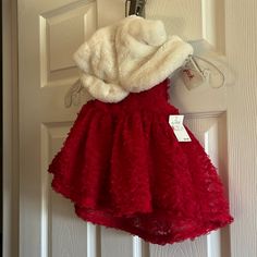 Red Christmas Type Dress For Baby Girl 6-9 Months. 3 Pieces, Sleeveless Dress With Faux Fur Topper And Bloomer. Very Cute. Winter Holiday Dress With Ruffles, Christmas Sleeveless Ruffle Holiday Dress, Christmas Sleeveless Ruffled Holiday Dress, Sleeveless Ruffled Christmas Holiday Dress, Sleeveless Ruffled Holiday Dress For Christmas, White Holiday Dress For Winter Dress-up, Festive Sleeveless Winter Dress, Sleeveless Holiday Dress For Winter, Sleeveless Winter Holiday Dress