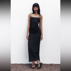 Nwt Zara Combination Draped Dress Size Small. Black Ruched Slip Dress For Summer, Chic Black Ruched Slip Dress, Zara Ruched Maxi Dress For Date Night, Zara Black Ruched Midi Dress, Black Long Bodycon Dress For Summer, Zara Ruched Maxi Dress, Zara Ruched Stretch Midi Dress, Zara Long Dress, Black Lace Overlay Dress