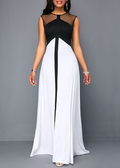 Round Neck Dot Mesh Panel Maxi Dress | Rosewe.com - USD $32.64 Latest Dress For Women, Women Fashion Dress, Fashion Dresses Online, Elegant Dresses Classy, Block Dress, Latest African Fashion Dresses, Colorblock Dress