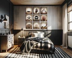 the bedroom is decorated in black, white and grey colors with pictures on the wall