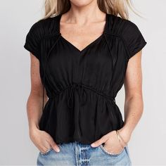 Waist-Defined Satin Shirred Tie-Front Blouse - Black Black V-neck Rayon Blouse, Black Rayon Blouse For Summer, Black Rayon Short Sleeve Tops, Black Rayon Summer Blouse, Black Short Sleeve Rayon Top, Black Casual Rayon Tops, Casual Black Rayon Tops, Black Rayon V-neck Blouse, Chic Black Rayon Blouse