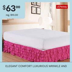 a bed with pink ruffled bedskirt and price tag for $ 63 00