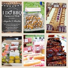 there are many different foods on display at this outdoor bbq party, including ribs and hotdogs