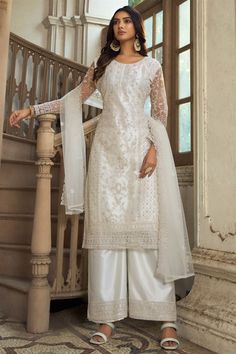 White Color Net Fabric Adorming Party Look Palazzo Suit Straight Salwar, Celana Fashion, Butterfly Net, Indian Salwar Kameez, Palazzo Suit, Salwar Kamiz, Desi Clothes, Eid Dresses, Pakistani Salwar Kameez