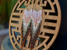 a pair of earrings with beaded fringes hanging from it's ear wires